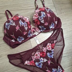 NWT Victoria's Secret Floral Embroidered Burgundy Lingerie Set